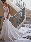 Spaghetti Straps Mermaid Spandex Wedding Dresses With Applique Court Train HZ0509