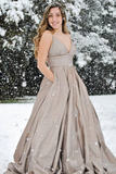 New Style Elegant A line Spaghetti Straps V neck Satin Prom Dresses HZ0509
