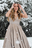 New Style Elegant A line Spaghetti Straps V neck Satin Prom Dresses HZ0509