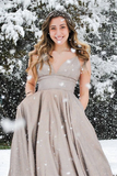 New Style Elegant A line Spaghetti Straps V neck Satin Prom Dresses HZ0509