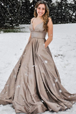 New Style Elegant A line Spaghetti Straps V neck Satin Prom Dresses HZ0509