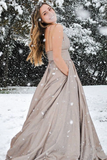 New Style Elegant A line Spaghetti Straps V neck Satin Prom Dresses HZ0509