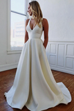 Elegant V Neck Ivory Wedding Dresses with Pockets, Open Back Satin Wedding Gowns HZ0509