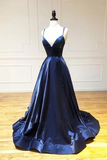 Simple Spaghetti Straps Long V Neck Navy Blue Prom Dresses HZ0509