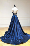 Simple Spaghetti Straps Long V Neck Navy Blue Prom Dresses HZ0509
