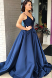 Simple Satin A Line V Neck Spaghetti Straps Prom Dresses With Chapel Train HZ0509