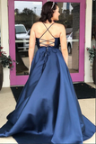 Simple Satin A Line V Neck Spaghetti Straps Prom Dresses With Chapel Train HZ0509