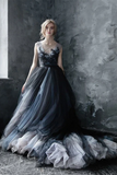 Chic A line Scoop Black Applique Tulle Evening Dress Wedding Dress HZ0509