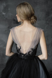 Chic A line Scoop Black Applique Tulle Evening Dress Wedding Dress HZ0509