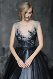 Chic A line Scoop Black Applique Tulle Evening Dress Wedding Dress HZ0509