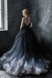 Chic A line Scoop Black Applique Tulle Evening Dress Wedding Dress HZ0509