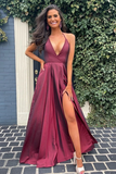 A Line V Neck Open Back Burgundy Long Prom Dresses with High Slit Backless Satin Evening Dresses HZ0509