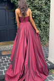 A Line V Neck Open Back Burgundy Long Prom Dresses with High Slit Backless Satin Evening Dresses HZ0509