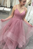 Glitter Straps Ruffled Pink Long Prom Dresses Backless Formal Gown HZ0509