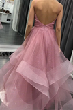 Glitter Straps Ruffled Pink Long Prom Dresses Backless Formal Gown HZ0509