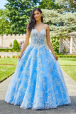 Chic A line Spaghetti Straps V neck Long Prom Dress Tulle Applique Evening Dress Formal Dress HZ0509