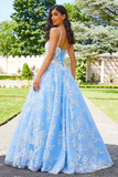 Chic A line Spaghetti Straps V neck Long Prom Dress Tulle Applique Evening Dress Formal Dress HZ0509