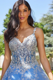 Chic A line Spaghetti Straps V neck Long Prom Dress Tulle Applique Evening Dress Formal Dress HZ0509