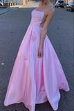 Pink Satin A line Spaghetti Straps Prom Dresses, Party Dress With Pockets HZ0509