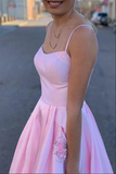 Pink Satin A line Spaghetti Straps Prom Dresses, Party Dress With Pockets HZ0509