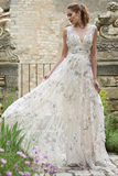 A Line V neck 3D Floral Lace Long Prom Dresses Evening Dresses HZ0509