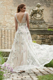 A Line V neck 3D Floral Lace Long Prom Dresses Evening Dresses HZ0509