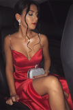 Charming A Line Sweetheart Spaghetti Straps Satin Red Long Prom Dresses with Side Split, Red Formal Dresses, Evening Dresses HZ0509