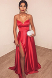 Charming A Line Sweetheart Spaghetti Straps Satin Red Long Prom Dresses with Side Split, Red Formal Dresses, Evening Dresses HZ0509