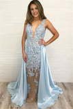 Glamorous Blue V Neck Lace Sleeveless Sexy Mermaid Prom Dress Evening Dress HZ0509