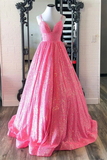 Shiny Hot Pink Sequins V Neck Backless Long Prom Dress HZ0509
