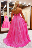 Shiny Hot Pink Sequins V Neck Backless Long Prom Dress HZ0509
