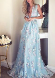 Lace Deep V-neck A Line Light Sky Blue Princess Prom Dress HZ0509