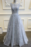 Chic A Line Prom Dress Silver Scoop Lace Prom Dresses Evening Dress HZ0509