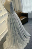 Chic A Line Prom Dress Silver Scoop Lace Prom Dresses Evening Dress HZ0509