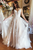 A Line Spaghetti Straps Applique Wedding Dress Backless Tulle Bridal Dress HZ0509