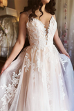 A Line Spaghetti Straps Applique Wedding Dress Backless Tulle Bridal Dress HZ0509