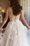 A Line Spaghetti Straps Applique Wedding Dress Backless Tulle Bridal Dress HZ0509