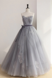 Chic A line Strapless Gray Tulle Long Prom Dress Applique Evening Formal Dress HZ0509