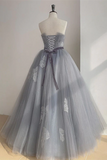 Chic A line Strapless Gray Tulle Long Prom Dress Applique Evening Formal Dress HZ0509