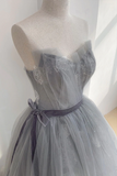 Chic A line Strapless Gray Tulle Long Prom Dress Applique Evening Formal Dress HZ0509