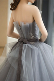 Chic A line Strapless Gray Tulle Long Prom Dress Applique Evening Formal Dress HZ0509