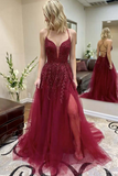 Burgundy Tulle A line Lace Up Back Thigh Slit Prom Dresses, Evening Gown HZ0509