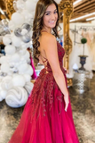 Burgundy Tulle A line Lace Up Back Thigh Slit Prom Dresses, Evening Gown HZ0509