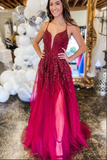 Burgundy Tulle A line Lace Up Back Thigh Slit Prom Dresses, Evening Gown HZ0509
