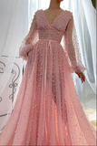 Dusty Rose A line V neck Long Sleeves Beaded Prom Dresses, Evening Dress HZ0509