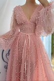 Dusty Rose A line V neck Long Sleeves Beaded Prom Dresses, Evening Dress HZ0509