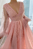 Dusty Rose A line V neck Long Sleeves Beaded Prom Dresses, Evening Dress HZ0509