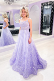 A line Spaghetti Straps Lace Tulle Purple Long Prom Dress Applique Evening Dress HZ0509