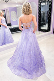 A line Spaghetti Straps Lace Tulle Purple Long Prom Dress Applique Evening Dress HZ0509