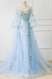 Chic A line Off the shoulder Light Blue Prom Dress With Floral Prom Dresses Long Evening Dress HZ0509